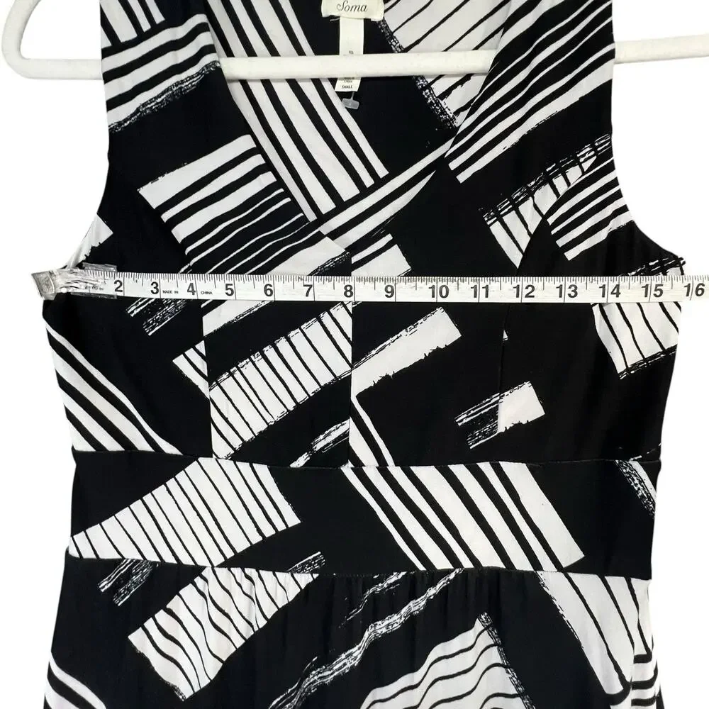 Soma Maxi Dress Womens S Black White Geometric Striped Empire Waist Soft Comfort